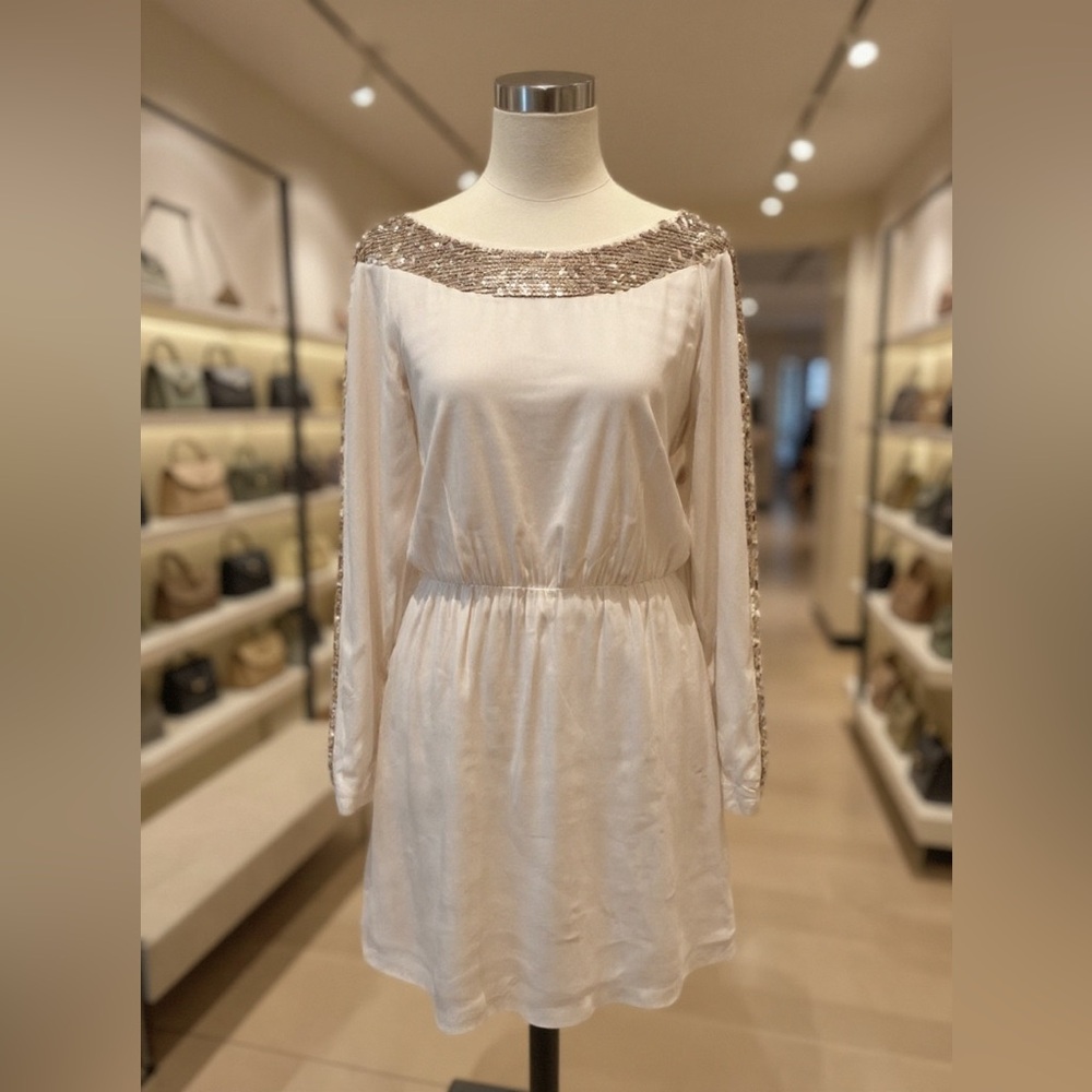 BCBG MaxAzria elegant New with Tags! Cream Long Sleeve sequin Dress - Picture 2 of 13